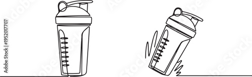 Protein cocktail shaker isolated on white background. Standing and shaking motion process blender cups. one line art icon drawing vector