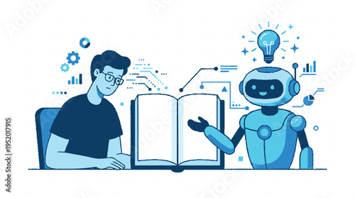 Human collaborating with robot over open book in modern blue illustration futuristic learning