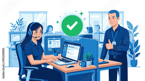 Customer support team providing excellent service with satisfied client in modern office environment