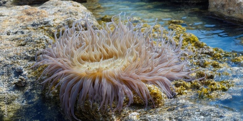Sea anemone rests upon rock, surrounded by water. Pale tentacles radiate from central mouth, vibrant marine life.