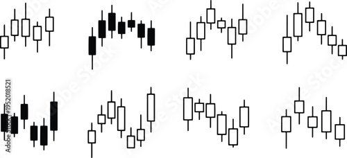 A set of vector line art candlestick chart silhouettes for financial analysis and trading