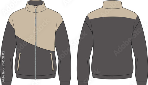 Men color block jacket front and back view, winter fashion outerwear design technical vector illustration