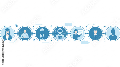 Flat vector illustration of diverse hybrid workforce team collaborating remotely in a row