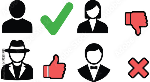 User verification and approval icon set, featuring silhouette profiles with checkmark and cross symbols, representing account validation, approval, rejection, and access control concept vector