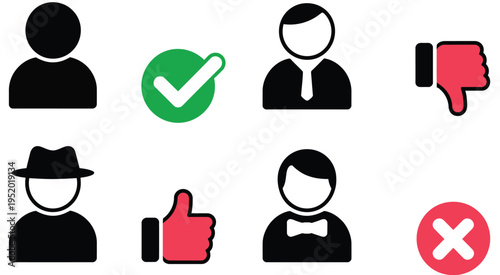 Profile verification icon collection, human avatar silhouettes with approval and rejection indicators, user authentication, and account status management vector