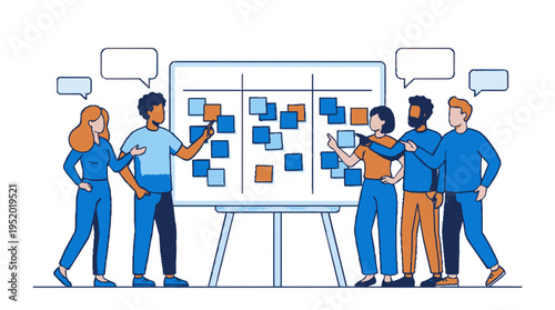 Modern vector illustration of a diverse team brainstorming on a board with sticky notes during a creative project sprint