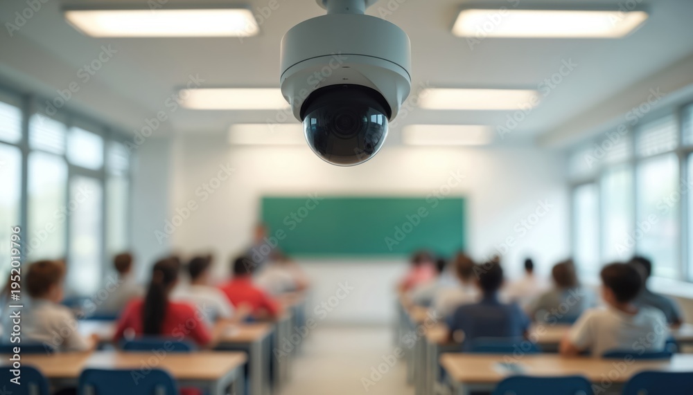 Fototapeta premium Security camera monitors students in modern classroom. Classroom surveillance records learning activities. Safety and technology combine for secure school environment. Educational institution.