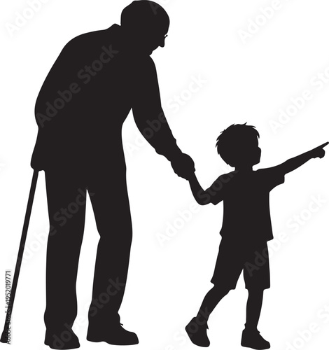 Grandfather and grandson holding hands, boy pointing, black silhouette vector illustration for family concepts