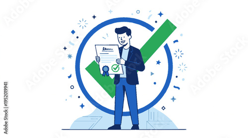 Businessman holding a signed document with green checkmark graphic on light blue background flat vector design style