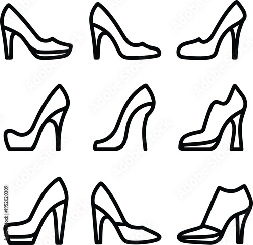 High heel shoes outline icons set for women fashion footwear collection, elegant stilettos and pumps design silhouettes isolated, vector illustration