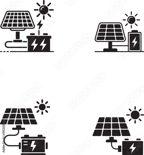 Four black and white vector icons representing solar power generation systems where panels absorb sun energy to charge a connected battery