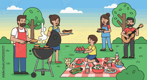 Happy family and friends having a summer BBQ picnic in a park. Vector illustration of an outdoor party with food and music.