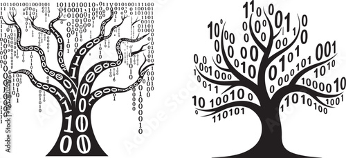 A stylized tree composed of flowing binary code symbolizes the interconnectedness of data and digital growth in technology