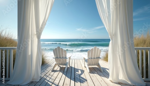 White Adirondack chairs on wooden deck facing ocean waves. Sheer white curtains frame blue sky and sea view. Tall grass borders beach scene. Peaceful seaside setting.