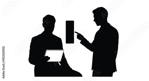 Two black silhouette business people vector illustration, one pointing at a vertical rectangle and the other holding a tablet, representing discussion or presentation.