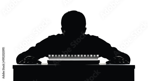 Silhouette of a person typing on a keyboard, representing data entry, office work, technology, and digital communication, isolated on a white background for business and tech-related designs.
