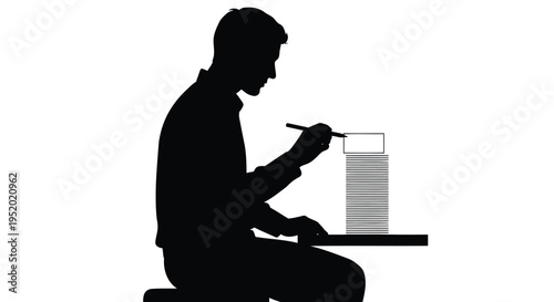 Silhouette of a man sitting at a table, carefully stacking paper or cards with a tool, illustrating precision and focus in a minimalist black and white vector design.