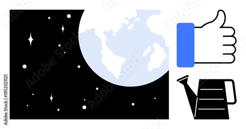 Earth conservation concept. Earth global sustainability, with a watering can for nature care and a thumbs-up for positive action. Earth conservation in education, sustainability, global campaigns