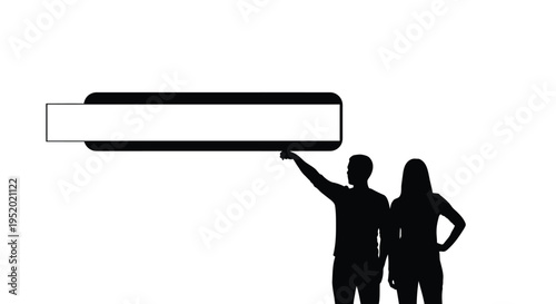 Black silhouette vector illustration of a man and woman holding a blank horizontal text box, ideal for advertising, marketing, and customizable content display