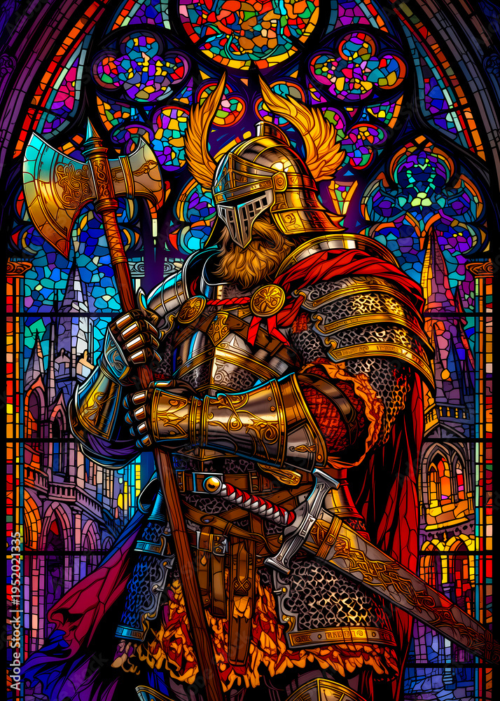 Obraz premium Stained glass window depicting a medieval armored warrior with axe and sword standing heroically in