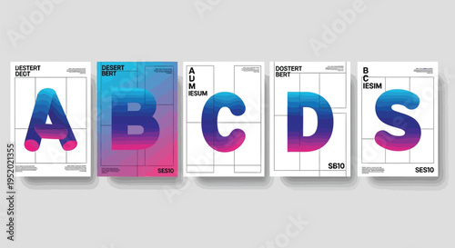 Modern Gradient Alphabet Letters A, B, C, D, S Vector Set on White Background with Grid Lines for Graphic Design and Branding