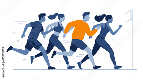 Energetic mixed gender team of athletes sprinting forward in a minimalist vector style with dynamic motion lines