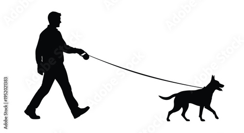 Black Silhouette Vector of a Man Walking a Dog on a Leash, Ideal for Pet Care, Outdoor Activities, and Lifestyle Designs