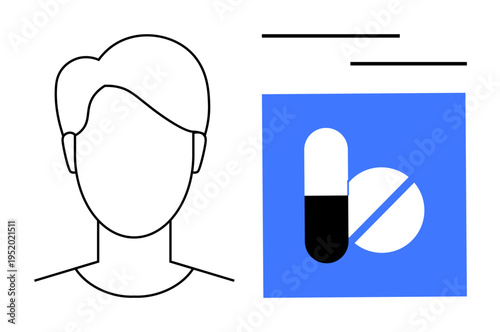 Healthcare, medication, pharmaceutical services, personal health management, prescriptions, medical treatment. Minimalist human profile and blue square with capsule and tablet icons. Healthcare