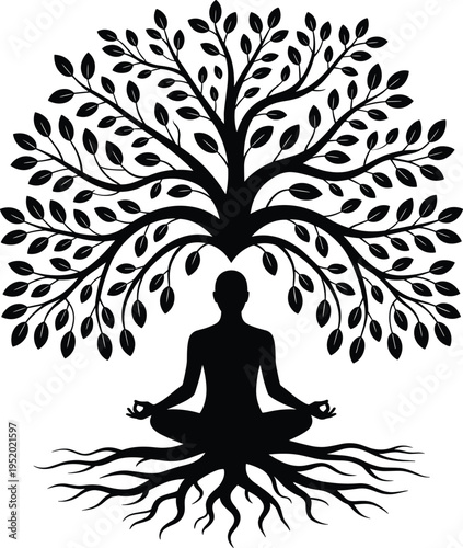 Meditation yoga silhouette under tree of life, spiritual mindfulness concept, harmony balance nature symbol, cad drawing flat vector illustration