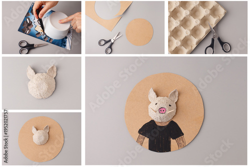 Egg carton boar craft process with cutting cardboard circles and assembling animal figure on round base. DIY recycled material tutorial collage. Boar character craft concept. Flat lay composition,