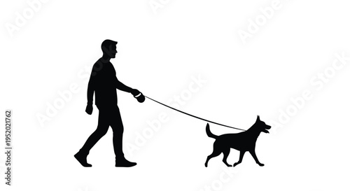 Black silhouette of man walking dog on leash, male pet owner with canine companion, isolated person and animal vector illustration