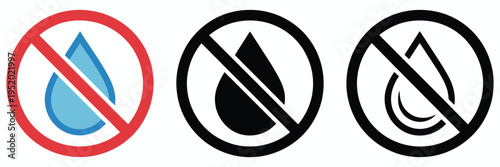 No water-resistant symbol, water droplet with cross mark, indicating device or surface is not water-safe, liquid exposure caution, and protection warning vector