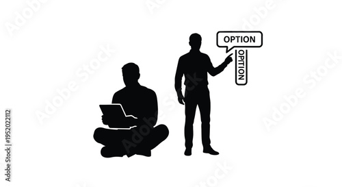 Black silhouette vector illustration of two men, one sitting with a laptop and another standing holding a sign with 'OPTION' text