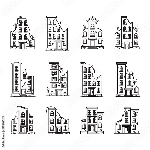 Collage of Ruined Buildings Damaged Architecture Destroyed City Structures Line Art