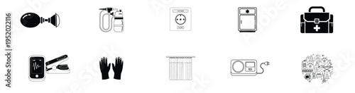 A set of black and white medical and first aid icons, including a stethoscope, syringe, gloves, and medical bag, on a clean white background, perfect for use in healthcare and medical contexts.