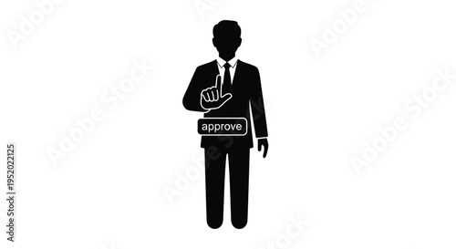 Black silhouette vector of a businessman in a suit making a stop gesture with an 'approve' button
