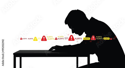 Silhouette of stressed person with head down on desk surrounded by digital alert notifications vector