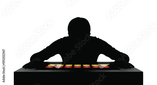 Silhouette of a person with headphones operating a sound mixer or DJ console, isolated on white background