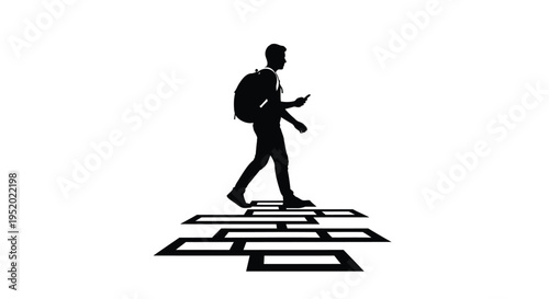 Black silhouette vector of a person walking with a backpack and phone, stepping on abstract rectangular shapes, symbolizing modern navigation and digital connectivity on a clean white background.