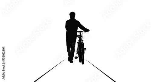 Black silhouette vector of a man walking forward, pushing a bicycle, isolated on a clean white background, ideal for minimalist design and transportation concepts