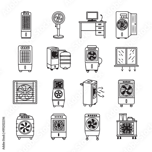 Collection of Air Cooler and Fan Icons with Desk and Window