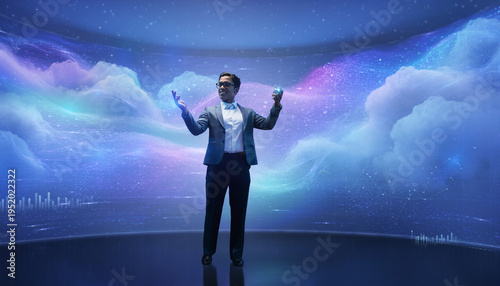 Man in suit standing in front of a large screen displaying abstract clouds and data visualizations representing cloud computing and digital transformation.