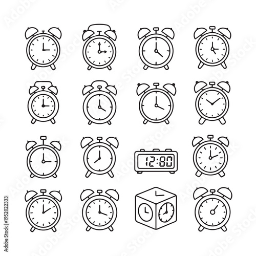 Collection of Alarm Clocks and Digital Timepiece Icons Simple Line Art