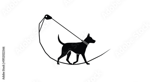 Minimalist black silhouette vector illustration of a dog walking on a leash, ideal for pet care branding, veterinary services, or animal welfare designs.