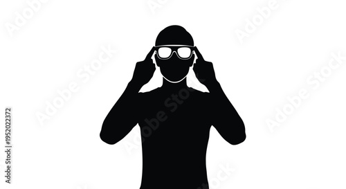 Black Silhouette of a Person Wearing Smart Glasses or VR Headset, Touching Temples, Representing Technology, Vision, or Augmented Reality