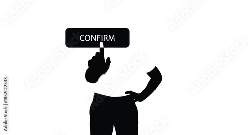 Black silhouette of a hand with an index finger pressing a 'CONFIRM' button, isolated on a clean white background, ideal for web design, user interface, and digital interaction concepts.