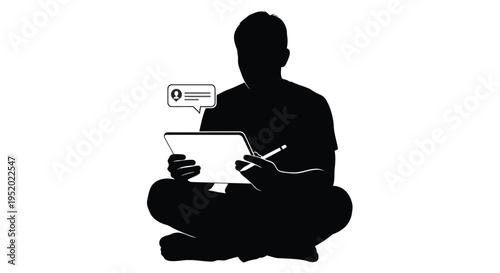 Black silhouette vector illustration of a person sitting cross-legged, holding a tablet and stylus, with a speech bubble notification, ideal for digital communication and technology concepts.