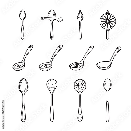 Collection of Assorted Kitchen Spoons and Utensils Line Art Isolated on White Background