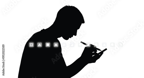 Silhouette of a man using a stylus on a smartphone or tablet, with glowing 'DATA' text and dots, representing digital information processing and technology