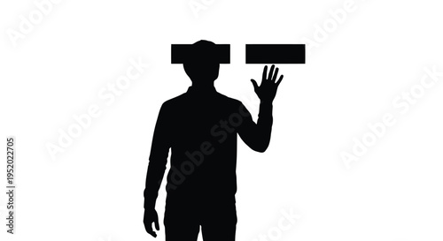 Black silhouette of a person wearing a virtual reality headset, interacting with a floating rectangular interface, isolated on a clean white background